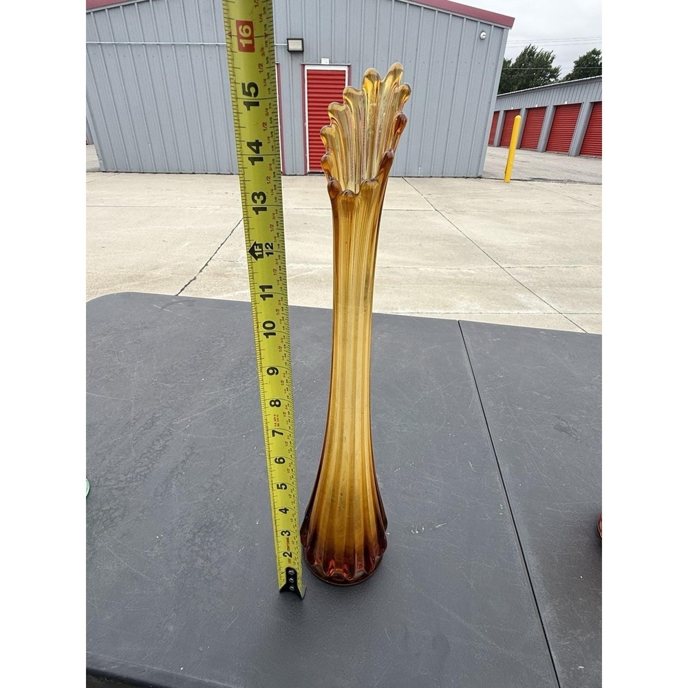 Vintage Amber Swung Glass Vase 16" Mid Century Ribbed Stretch Art Glass